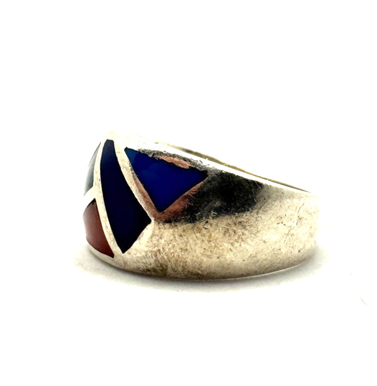 925 Antique Silver Ring Solid Pattern Multicolor … - image 1
