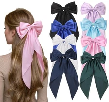 Furling Pompoms Large Satin Silky Hair Bow Clips for Women & Girls - Long Ribbon