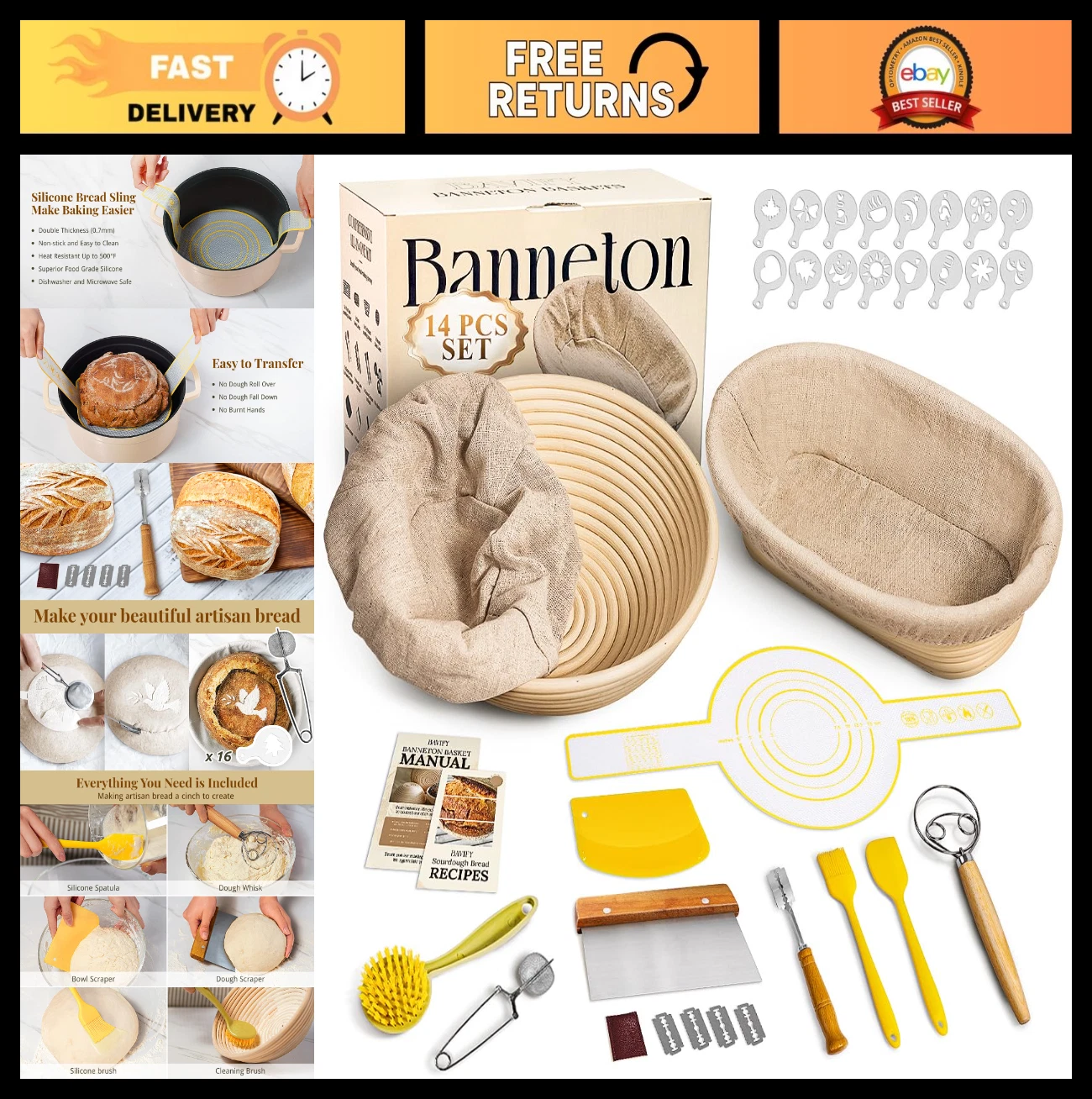 Sourdough Starter Kit with Proofing Baskets, Dough Scraper, Whisk & Recipe
Opens in a new window or