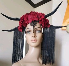 Halloween Costume Cosplay Headband Crown Double Horns, Fringe, Flowers Day Dead