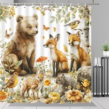 Autumn Animal Shower Curtain Bear Deer Fox Fall Forest Bathroom Decor with Hooks