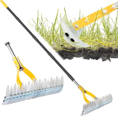 Thatch Rake for Lawn with 74Inch Handle, 15 Inch Dethatcher Rake for Grass to Cl