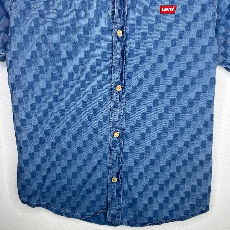 Levi’s Kids S Blue Checkered Short Sleeve Button Up Denim Shirt 8–10 - Image 3 of 4