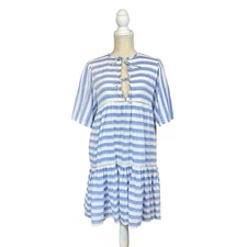 India Collection Emerson Fry Dress XS/S Blue Scallop Stripe Organic Cotton Lined