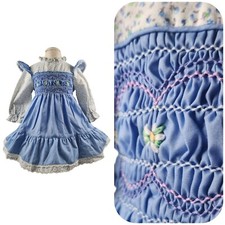 Vtg 70s Polly Flinders Smocked Dress 2T Easter Floral Pinafore Ruffle Bow Blue
