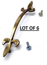 6 Pieces Vintage Ajax #943-6 Fleur-De-Lis Drawer Cabinet Pull Antique Brass