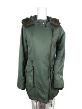 Womens Military Parka Faux Fur Size L Green Hooded Army Coat Asymmetric Zip