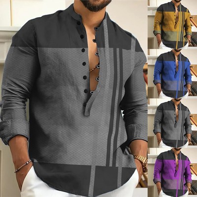 Herren Casual Loose Langarm Button Down Henley V Ausschnitt Tops Bluse Hemd DE