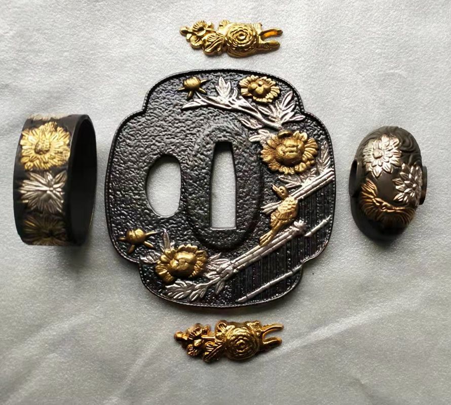 Super Set Sword's Fittings Copper Gilt Silver Flower Tsuba