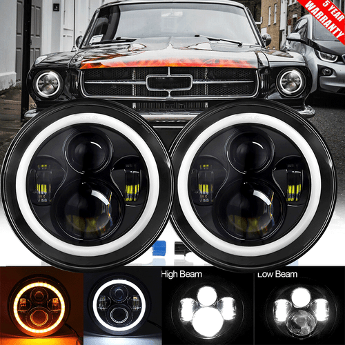 For Ford Mustang 1965-1978 7" INCH Black LED Headlight Halo Ring Angel Eye Pair