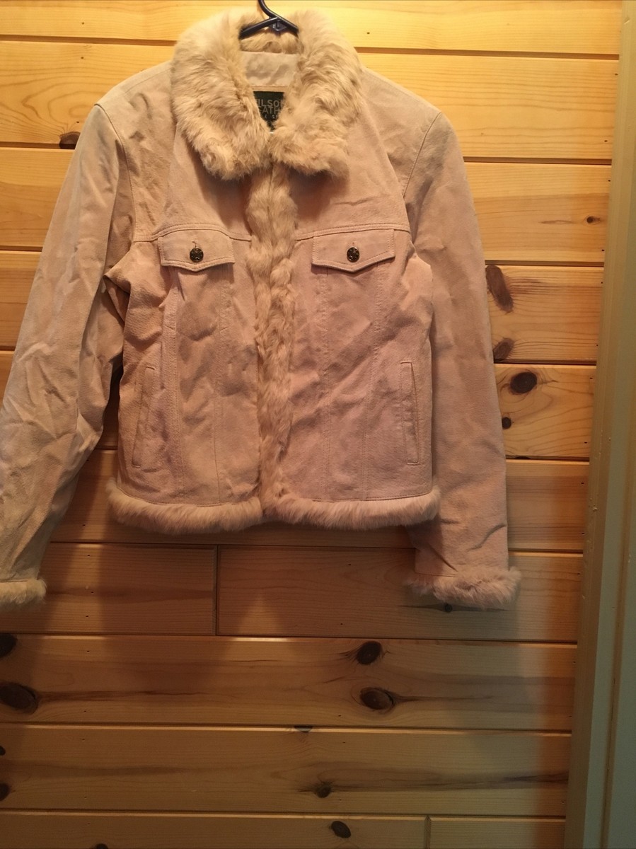 WILSONS LEATHER WOMENS SUEDE PINK JACKET WITH RABBIT FUR TRIM Size