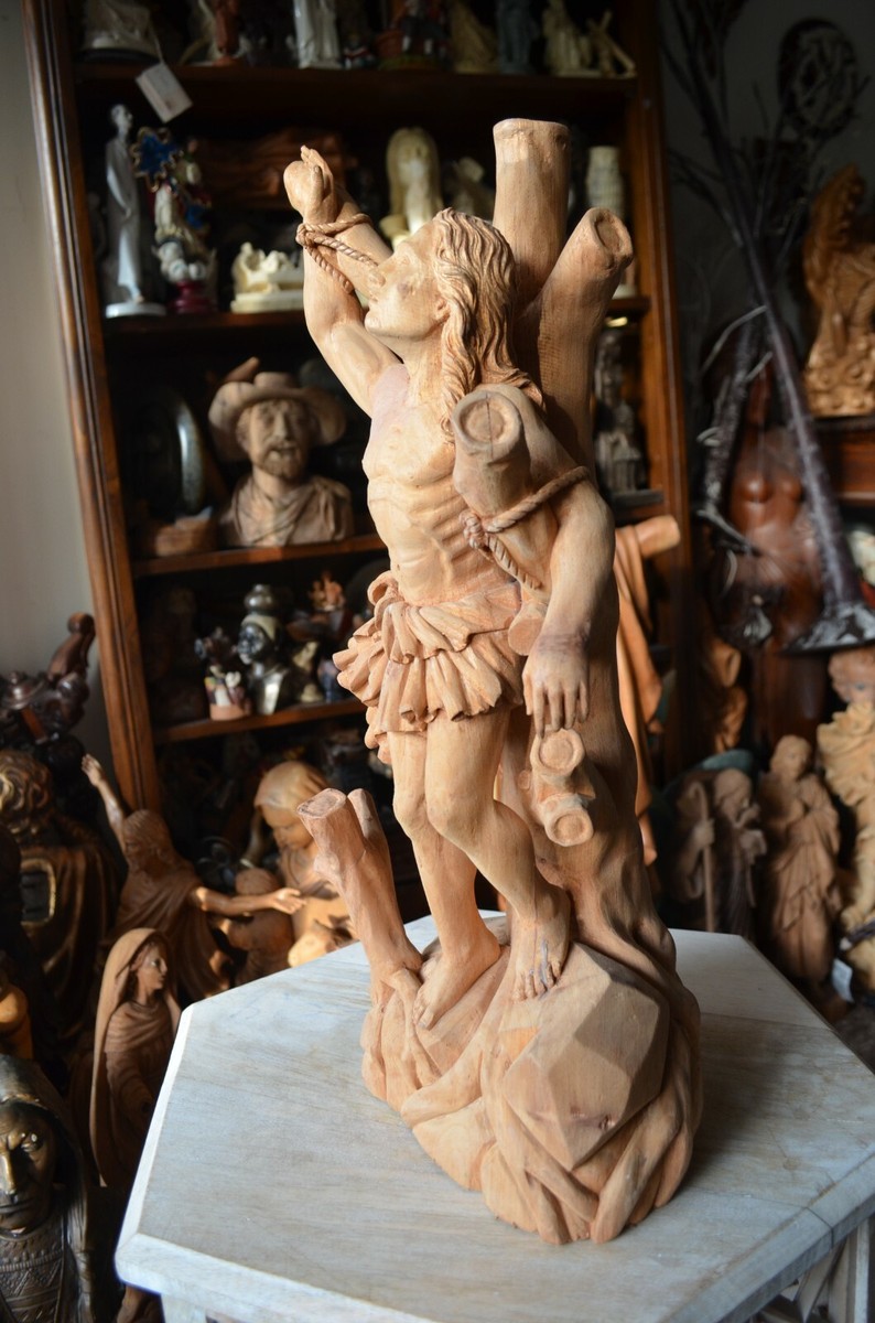 Hand carved wood Saint Sebastian Statue Religious Figures 21.5