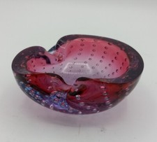 Murano Bullicante Controlled Bubble Art Glass Ashtray Cranberry and Amethyst MCM
