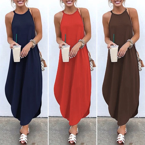 Damen Sommer Shirt Kleid Mode Sommerkleid Urlaub Strand Maxi Lang Slip - Bild 6 von 23