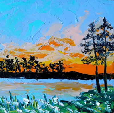 Original Oil Painting Landscape  Sunset River Flowers Art Wall Decor size 6 x 6''