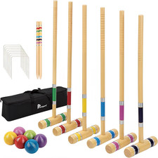 Six Player Croquet Set with Premium Wooden Mallets 28 in, Colored Ball, Wickets,