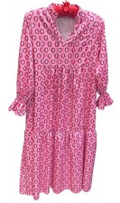 Womens Pink Geometric Tiered Midi Dress Ruffle Sleeve Boho Size Medium
