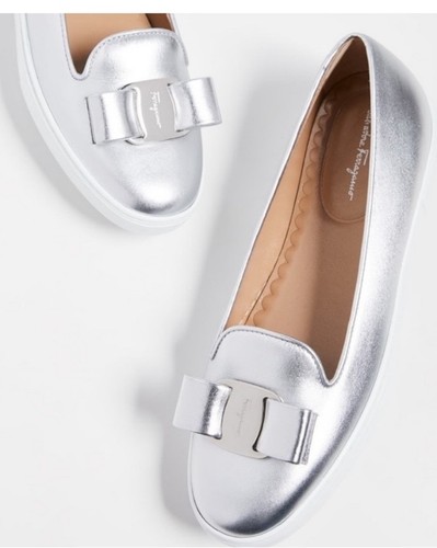 Salvatore Ferragamo Novello Silver Slip Ons size 9.5