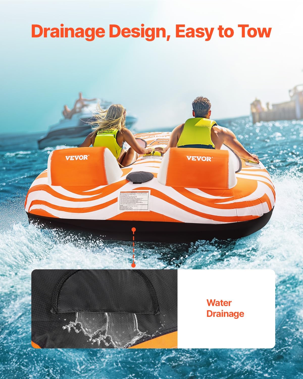 2 Rider Orange Towable Tube Water Flotation Device For Thrilling Boating Fun