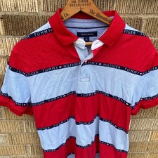 Tommy Hilfiger Mens Medium SPELLOUT Custom Fit Striped Tape Polo Shirt Baby Blue
