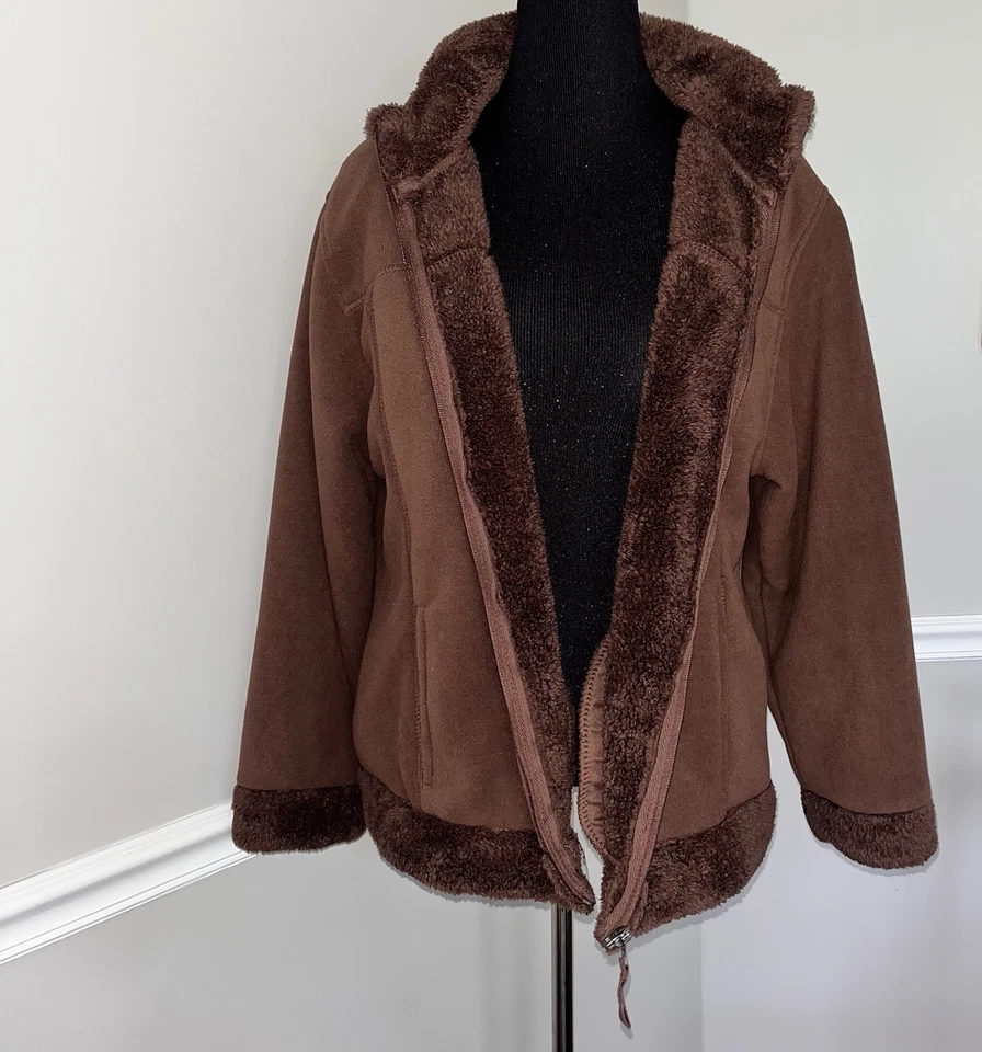 Chaqueta Jane Ashley para mujer 1X marrón con cremallera polar ropa exterior de invierno Foto 3 de 4