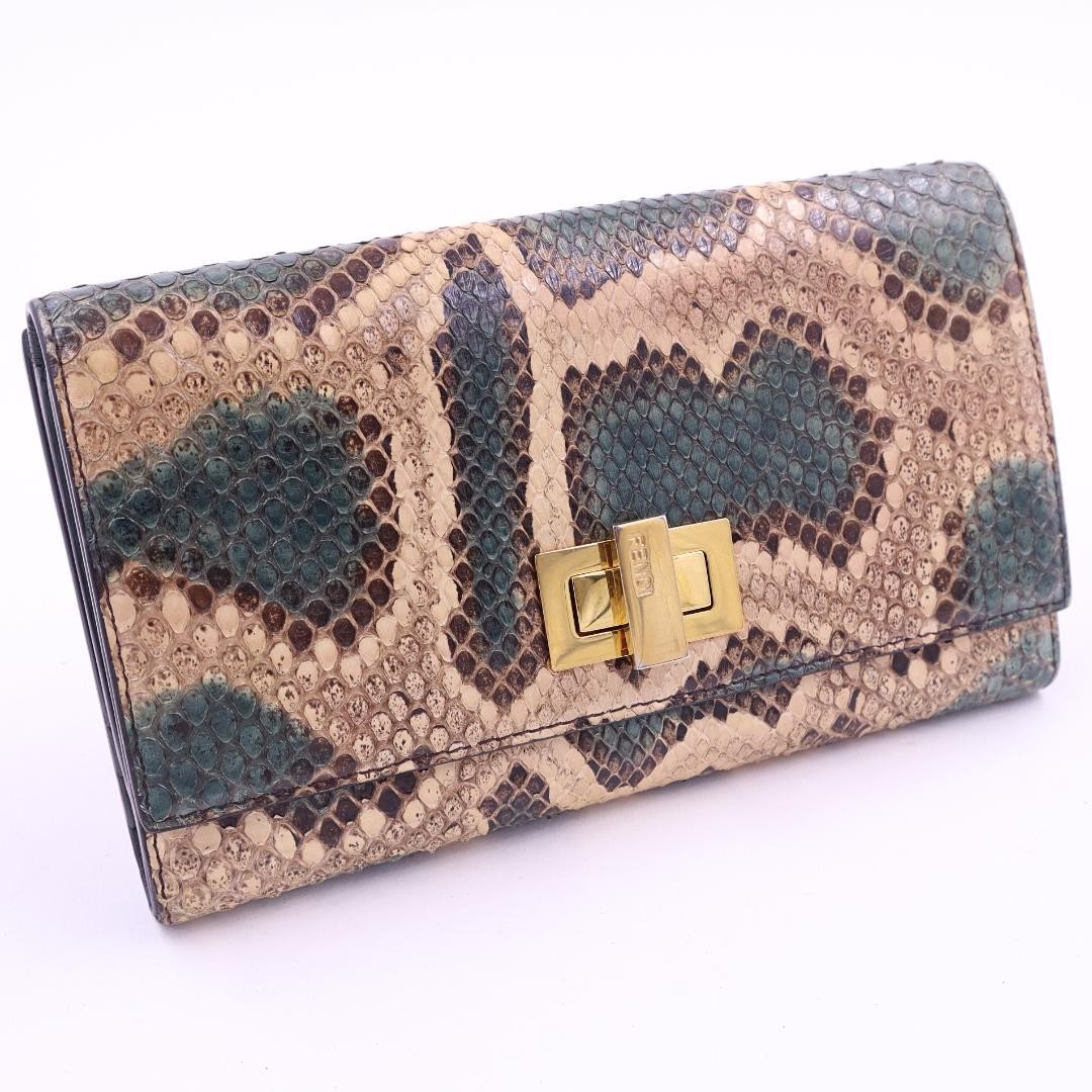 FENDI Peekaboo Long Wallet Python Leather Blue Go… - image 1