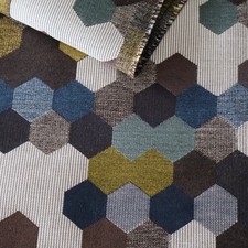 Vtg MCM Carnegie Upholstery Fabric "Maxwell Street" Hexagon Silver, Blue 4.2 yds