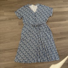 Seasalt Midi Dress Womens UK16 Blue White Bird Print Coastwatch Belted Cotton