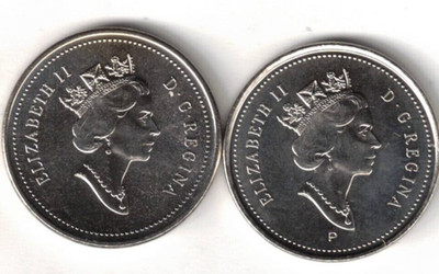 2001 Plain & P Type Canadian Brilliant Uncirculated 2 X Five Cent Coins!