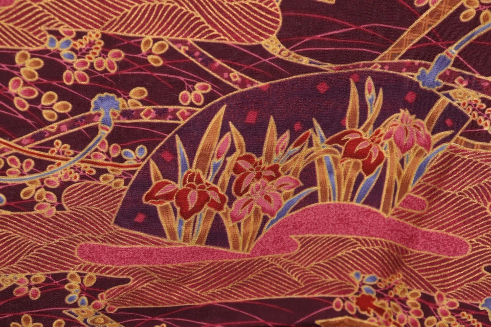 72"L x 44"W Kona Bay Fabric 1998 Asian Look Fans River Iris Flowers Red Gold - Image 4 of 4