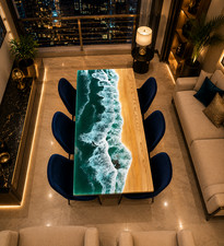 Mesa de comedor de lujo de resina epoxi Ocean | Mesa ondulada de playa de madera con borde vivo