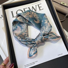 100 Silk Scarf Women Vintage Blue Flower Kerchief Square Bandana Wrap 53 53cm