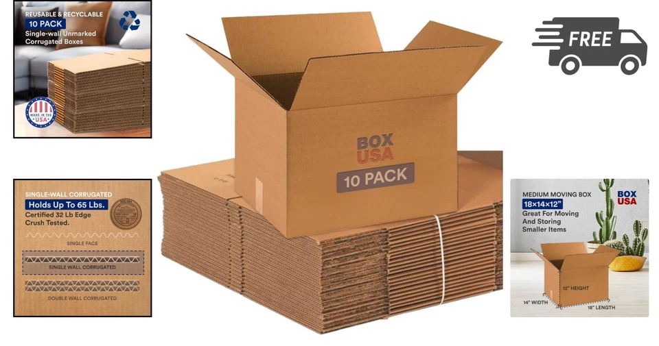 Moving Boxes Medium 18x14x12 10 Pack Corrugated Cardboard Packing Shipping - Image 2 of 4
