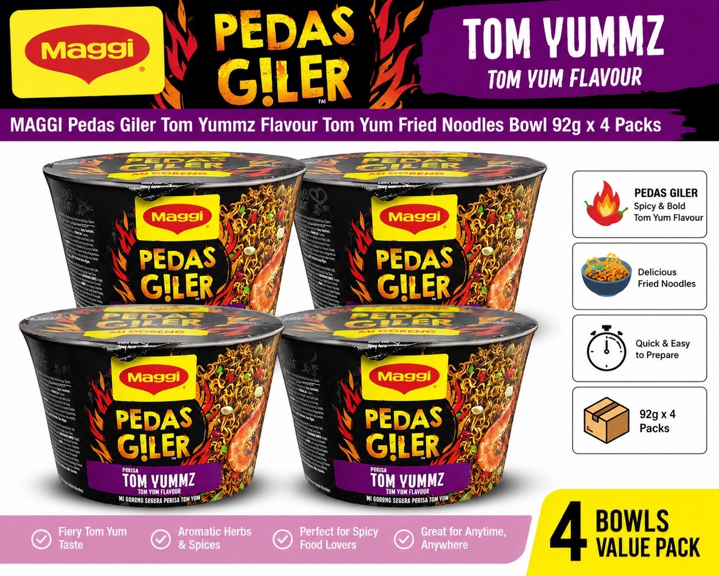 MAGGI Pedas Giler Tom Yummz Flavor Tom Yum Frittierte Nudeln 92 g x 4 Pack