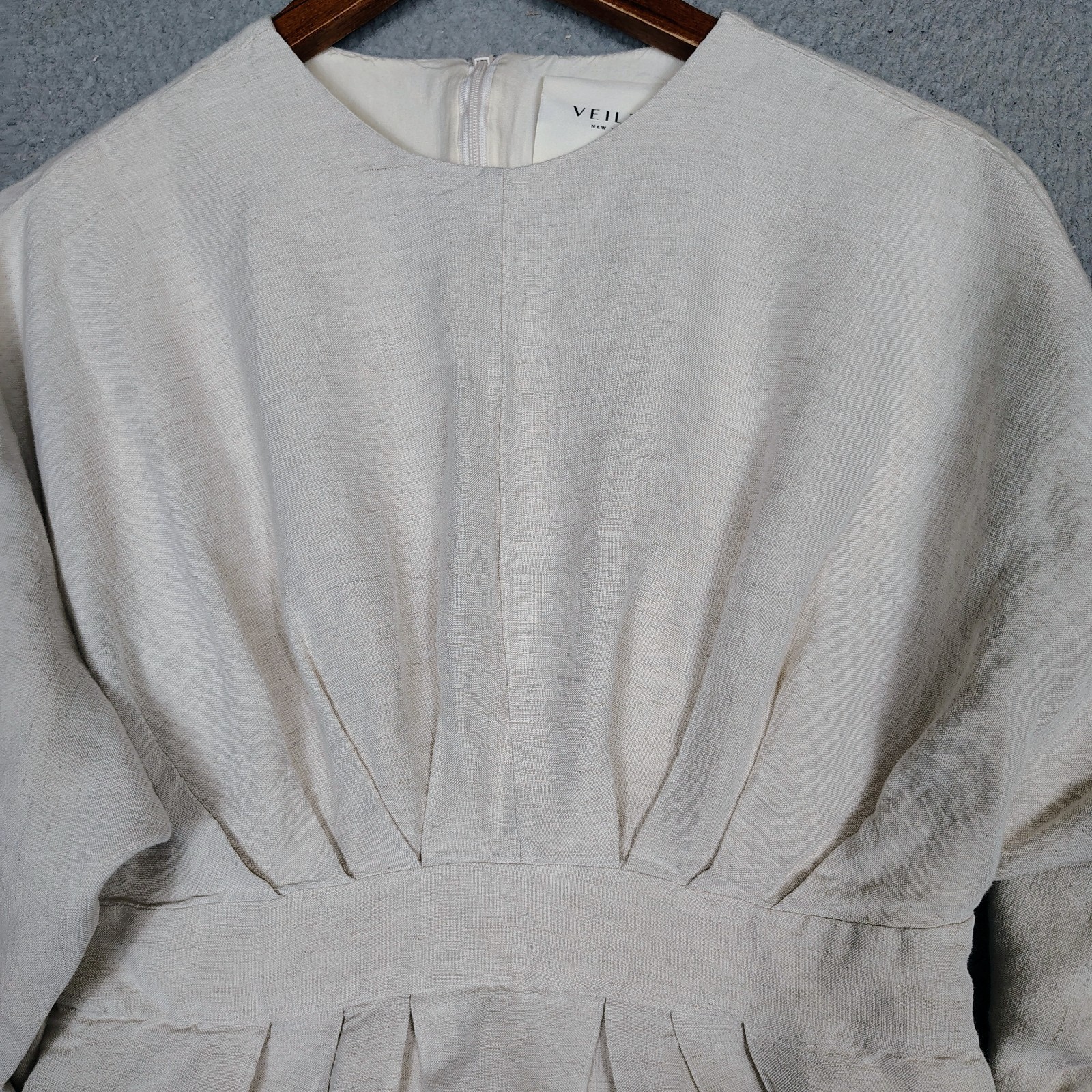 Veiled Midi Dress Women's M/Short Beige Linen Blend Pleated Minimalist Modest