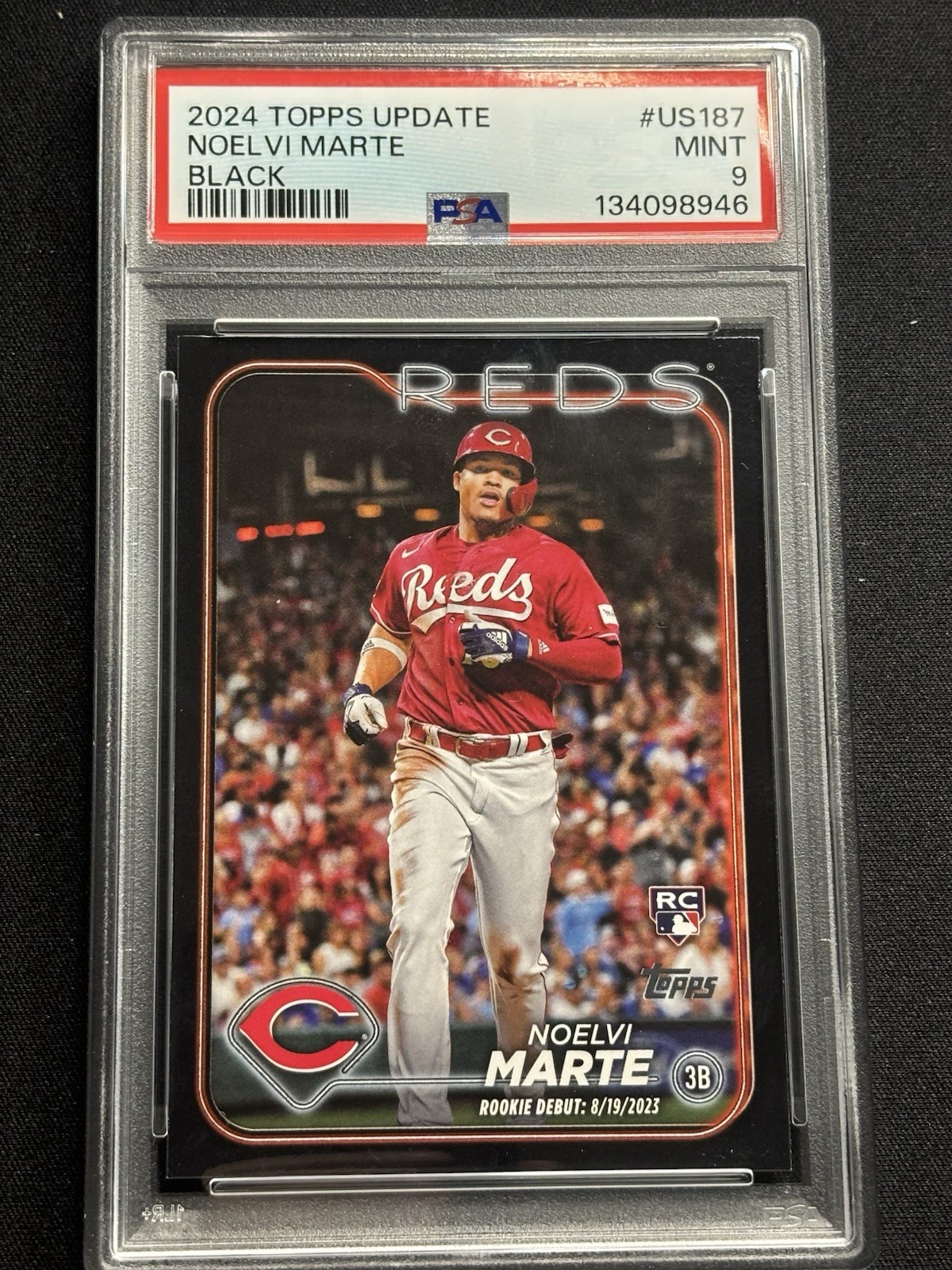 2024 Topps Update Series Rookie Debut Noelvi Marte #US187 Black /74 PSA 9 Mint
