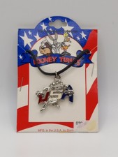 Vintage Looney Tunes Tasmanian Devil USA Necklace Pewter/Enamel 28" Black Cord