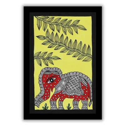 Handgefertigt Madhubani Elefant Malerei 20x30 CM Gerahmt - Original Mithila