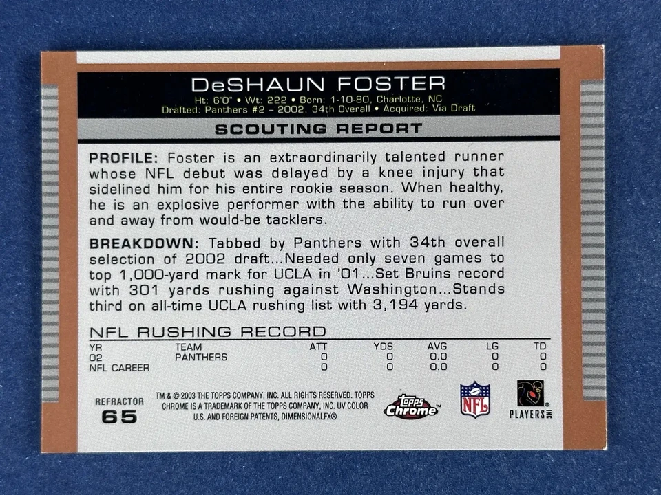 2003 Topps DPP Chrome Gold Refractor #65 DeShaun Foster Panthers - Image 2 of 2