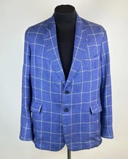 Hackett Mayfair Linen Blazer Jacket Blue Check 46R / 56R Two Button