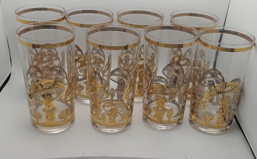 8 RARE Culver 22k Gold Mushroom High Ball Flat Drinking Glass Tumblers