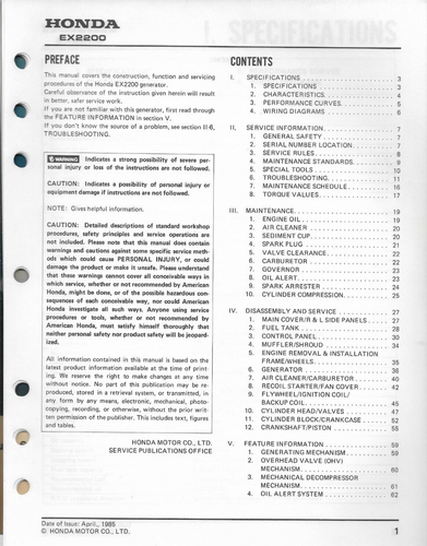 HONDA MOTOR CO. GENERATOR Model EX2200 #61ZB600 Shop Manual - Picture 2 of 3
