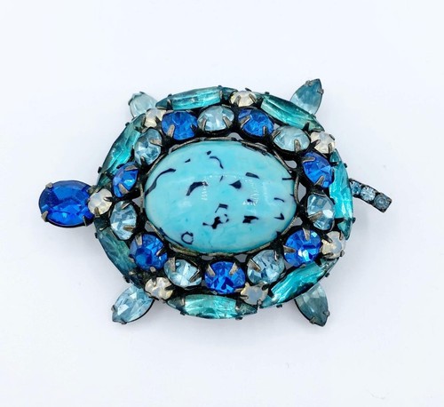 Vintage Signed Alice Caviness Rhinestone Turtle Pin w/ Faux Turquoise