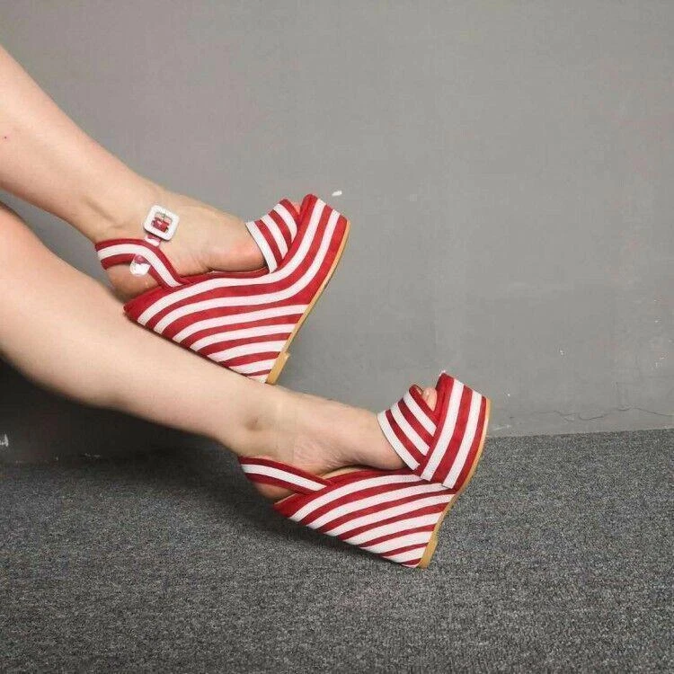 Sandalias de tacón alto a rayas con correa en el tobillo con plataforma y tacón de cuña para dama y mujer Foto 4 de 4
