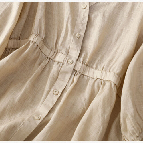 Women V-neck Blouse Shirt Top Cotton Linen Loose Button Casual Tie Waist - Picture 8 of 16