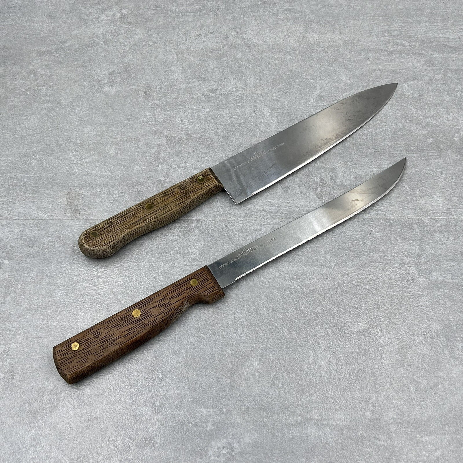 Vintage OLD HOMESTEAD Chef Knifes Wood Handle 8" Blade Cutlery Taiwan Lot of 2