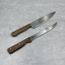 Vintage OLD HOMESTEAD Chef Knifes Wood Handle 8" Blade Cutlery Taiwan Lot of 2