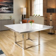 Image of Quatropi Square Dining Table 150cm White Gloss - Glass Top & Silver Metal Legs