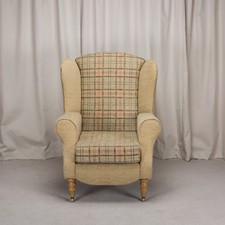 High Wing Back Fireside Chair Gold Check Fabric Easy Armchair + Front Castors UK