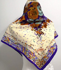 M301 Missoni Scarf Foulard Purple Drawing Flower ITALY CrepeSilk Square 33 35"